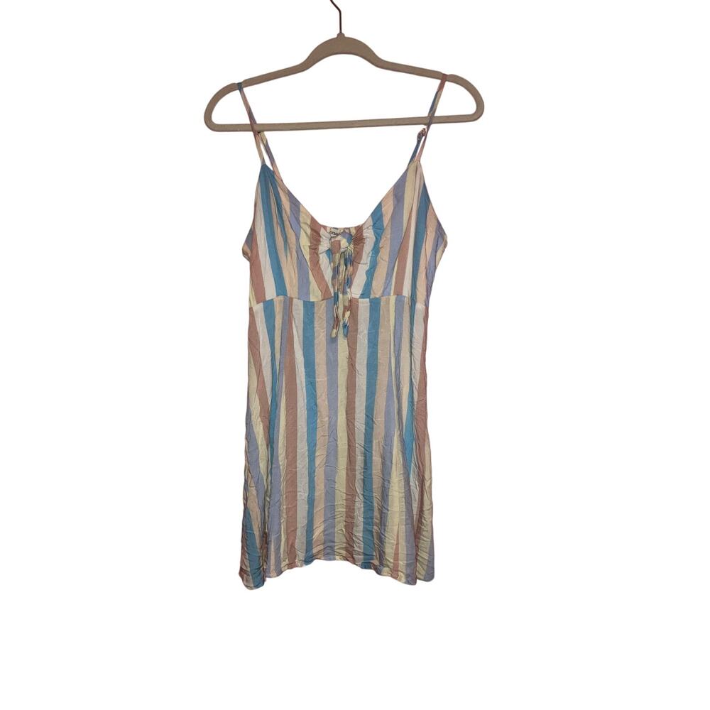 Ocean Drive Pastel Striped Tie-Front Smocked Mini Dress Size Large
